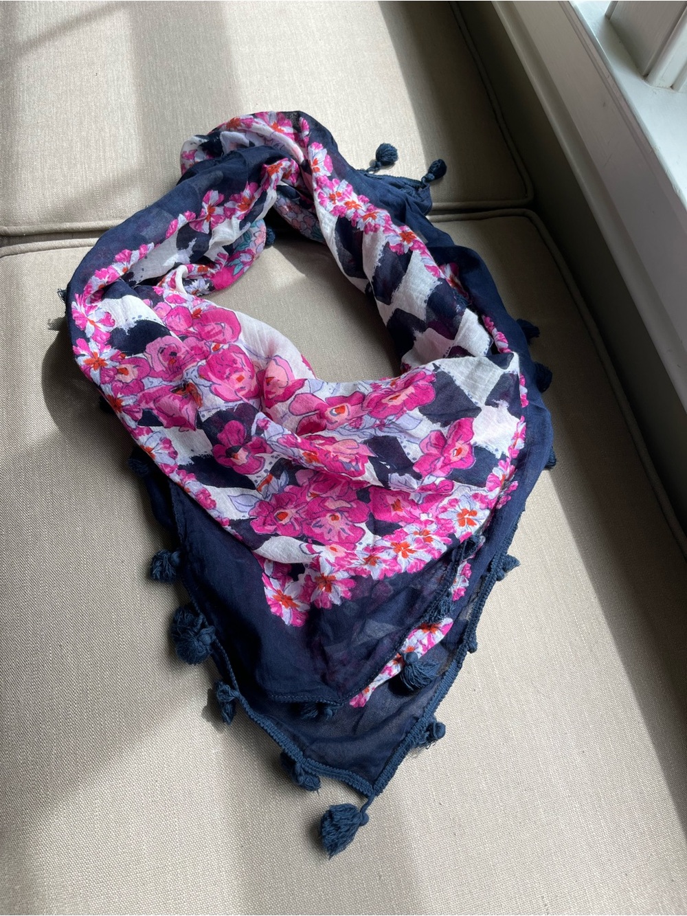 White Pink Navy Scarf with Navy Tassle Trim